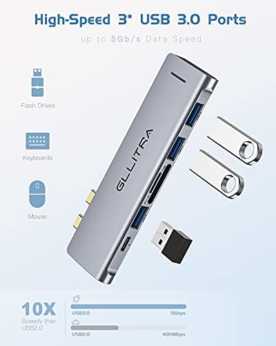 USB C Hub, GLLİTRA 6 in 2 USB C Adaptörü ile MacBook Pro için 3 USB 3.0 Bağlantı Noktası, SD/TF Kart okuyucu, 100W