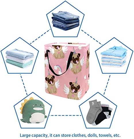 Sevimli Karikatür Pug Unicorn Kanat Desen Baskı Katlanabilir çamaşır Sepeti, 60L Su Geçirmez çamaşır sepetleri Çamaşır