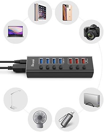 Powered USB 3.0 Hub, ıkuaı 7 Port Alüminyum USB Splitter Hub (3 Hızlı Veri Aktarım Portu+ 4 Akıllı Şarj Portu) ile