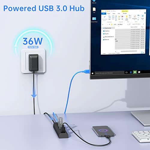 Powered USB Hub, Aııbe 8-Port USB Hub 3.0 Powered USB Splitter ile 2 Hızlı Şarj Portu + 12 V/3A Güç Adaptörü + USB