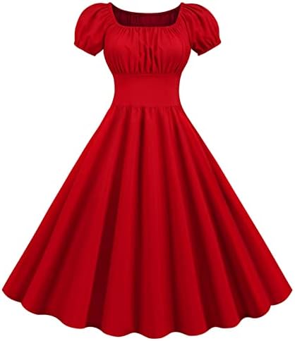 NaRHbrg Elbiseler Kadın Puf Kollu İmparatorluğu Bel Elbise Resmi Elbise Kare Boyun Vintage Elbise 1950 s Kokteyl Parti