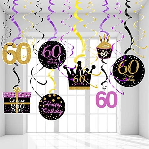 60th Doğum Günü Süslemeleri Kadınlar için Mor Altın 60th Doğum Günü Asılı Swirls Asılı Swirls Süslemeleri Mor Altın