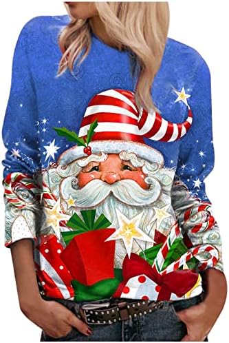 Noel Kazak Kadınlar için Sevimli Noel Baba Baskı T Shirt Casual Gevşek Uzun Kollu Kazak Kazak Bluz