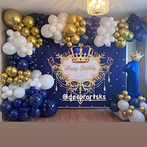 Mavi ve Altın Mutlu Doğum Günü Zemin Küçük Prens Taç Kraliyet Kutlama Parti Fotoğraf Arka Plan Erkek Çocuk Bebek Duş