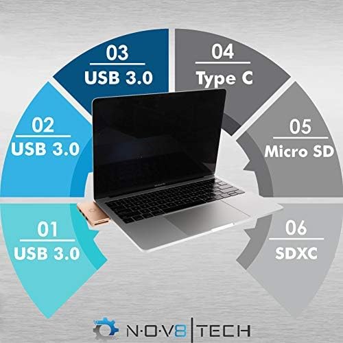 NOV8Tech USB C Hub Altın 6in2 İnce MacBook Adaptörü Hava M1 2018-2022, Pro M1 -2022, Mini yerleştirme istasyonu