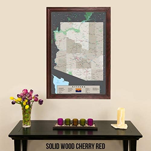 Arizona İtme Pimi Pimli Seyahat Haritası-Toprak Tonlu-Masif Ahşap Kiraz Kırmızısı Çerçeve-27,5 inç x 39,5 inç