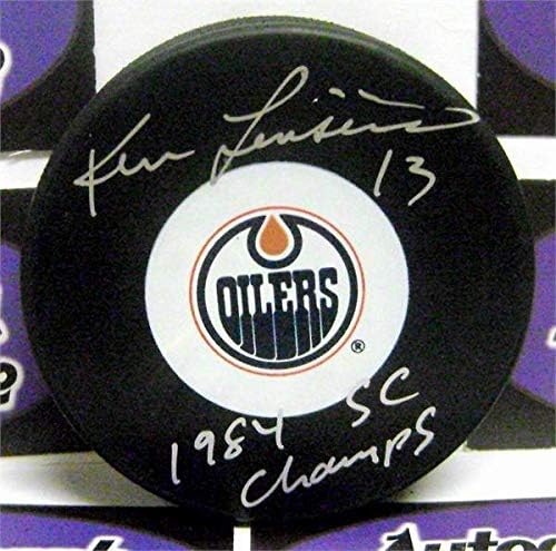 Ken Linseman imzalı hokey diski (Sıçan Edmonton Oilers) yazılı 1984 SC Şampiyonları-İmzalı NHL Diskleri