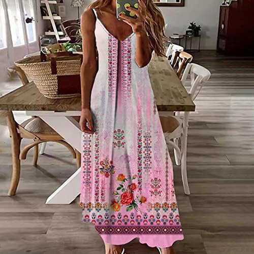 Maxi Elbiseler Kadınlar için Yaz Vintage Çiçekli Elbise Kolsuz V Yaka Rahat Gevşek Spagetti Sapanlar Plaj uzun elbise