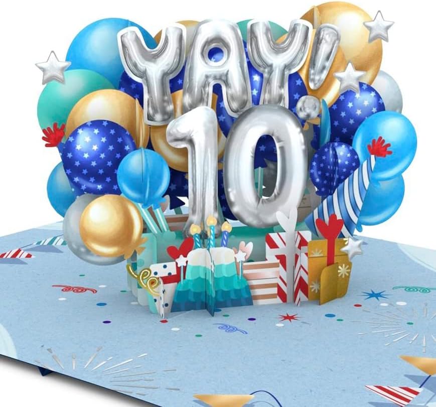 Liif Mavi Balonlar Mutlu 10th doğum günü kartı / 3D Tebrik Pop Up Birtday Kart İçin 10 Yeas Eski Çocuk, Oğlu, Torunu,