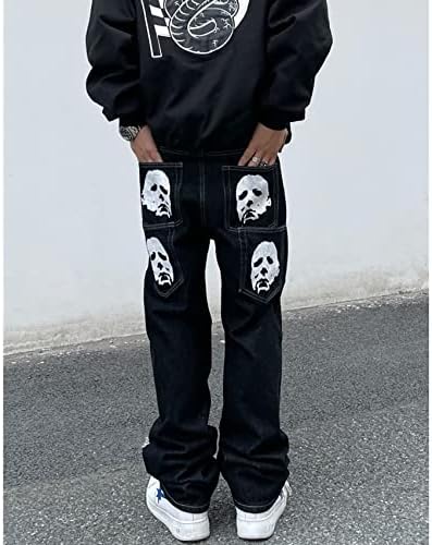 CZVEVOY erkek Streetwear Moda Baskılı Şalvar Kot Vintage Hip Hop Tarzı Düz Bacak Denim Pantolon Çok Cepler