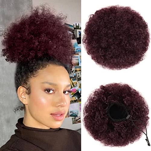 ISWEET Afro Puf İpli At Kuyruğu, Kıvırcık Afro Topuz Uzantıları Sentetik Ombre kızıl saç, Siyah Kadınlar için kısa