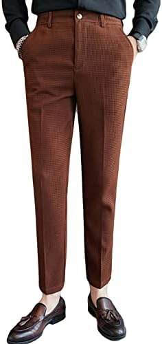 Erkek Elastik Belli Düz Bacak İş Pantolon Günlük Rahat Basit Küçük Ekose Pantolon Moda Streç takım elbise pantalonları