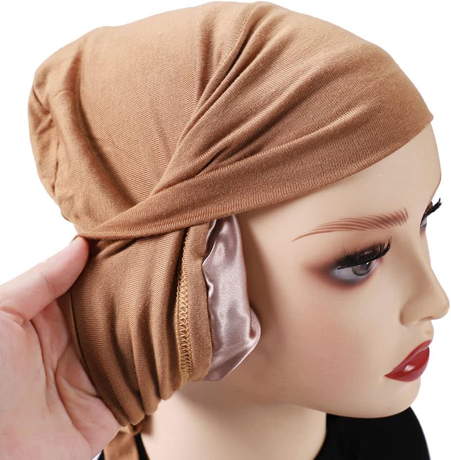 Cntqıang 2 Adet Müslüman Saten Astar Jersey İç Başörtüsü Kap Kadınlar için Underscarf Kravat Kaput Türban şapka saç