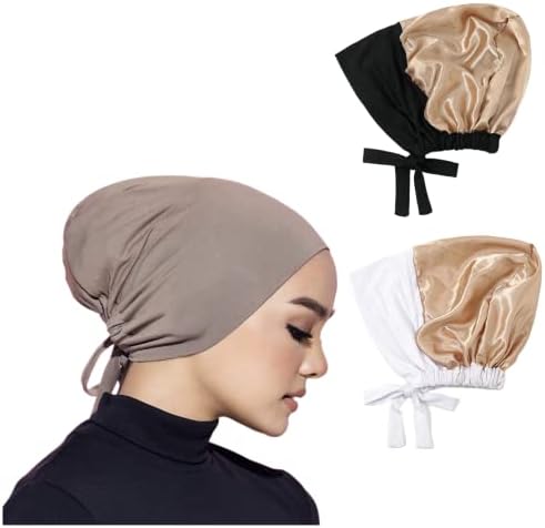 Cntqıang 2 Adet Müslüman Saten Astar Jersey İç Başörtüsü Kap Kadınlar için Underscarf Kravat Kaput Türban şapka saç