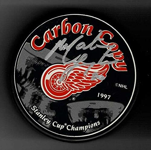 Martin Lapointe İmzaladı 1997-98 Detroit Red Wings Arka Arkaya Stanley Kupası Diski - İmzalı NHL Diskleri