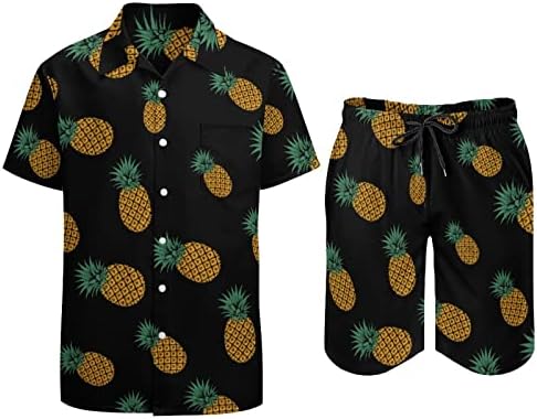Aşağı Ananas Erkekler 2 Parça Hawaii Seti Düğmeli Kısa Kollu Gömlek plaj pantolonları Gevşek Fit Tees Eşofman