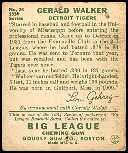 1934 Goudey 26 Gerald Walker Detroit Kaplanları (Beyzbol Kartı) ADİL Kaplanlar