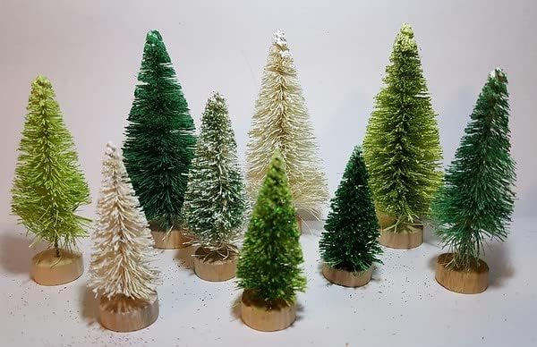 9 adet Lot Çeşitli Açık ve Koyu Yeşil, Beyaz Akın Mini Minyatür Sisal şişe fırçası Ağaçları Noel Noel Seti Toplu El