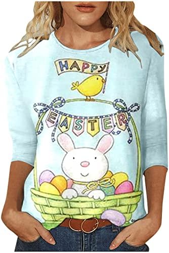 Kadın 3/4 Kollu Tavşan Baskı paskalya Yumurtaları T-Shirt Rahat Rahat Üstleri Genç Kızlar için Yaz Ekip Boyun Tee