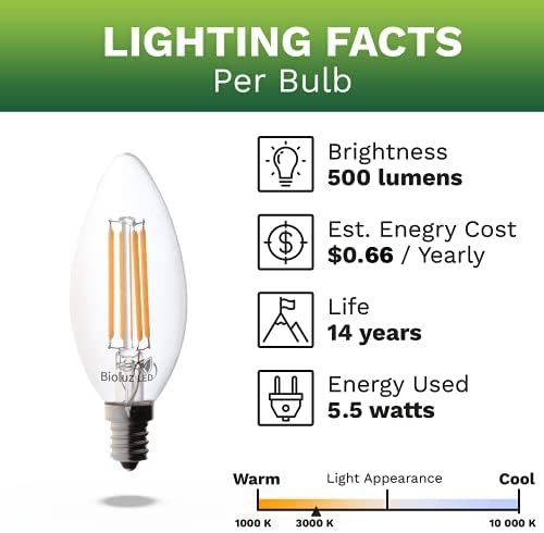 Bıoluz LED 92 CRI E12 LED Mumluk Ampuller 60 Watt (5.5 W) yumuşak Beyaz 3000 K Temizle LED Filamentli mum şeklinde