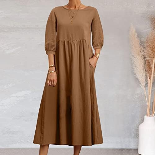 Kadınlar için Elbise 2023 Casual Katı Pamuk ve Keten Elbise Uzun Kollu Cep Gevşek Elbise Maxi Fuşya Elbise