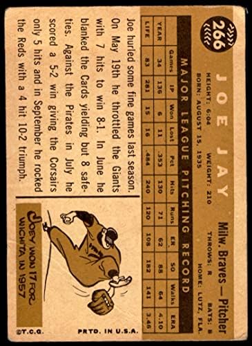 1960 Topps 266 Joey Jay Milwaukee Braves (Beyzbol Kartı) ZAVALLI Braves