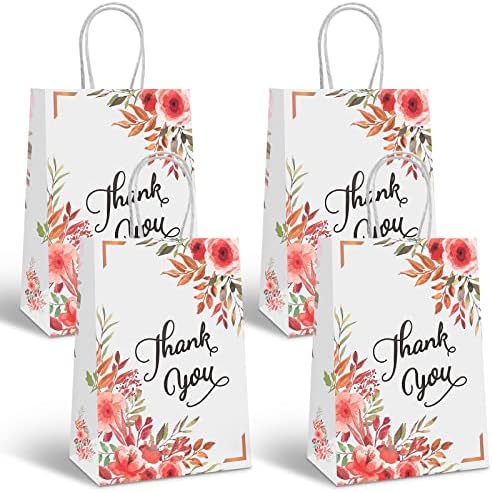 Jenerik 16 Paket Teşekkür Ederim Hediye Çantaları Kulplu Orta Boy Kağıt Torbalar Çiçek Tasarımlı Beyaz Kraft Kağıt