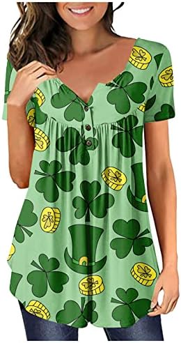 lcepcy Aziz Patrick Günü kadın Kısa Kollu 2023 Yaz Henley V Boyun Baskılı Pilili Casual Tunik Bluz Gömlek