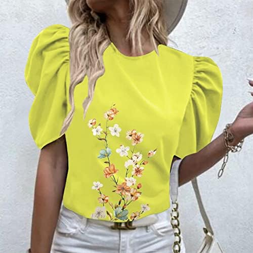 lcepcy kadın Çiçek Baskı Puf Kısa Kollu İş Üstleri 2023 Yaz Rahat Yuvarlak Boyun Tişörtleri Gevşek Fit Ofis Bluzlar