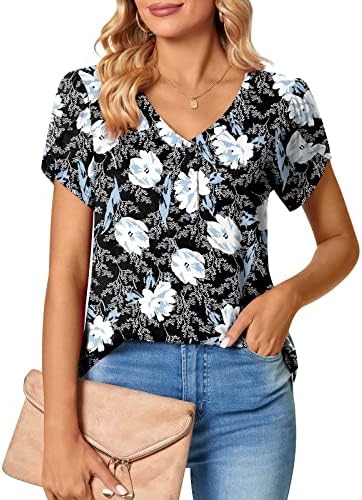 Bayan Yaz Üstleri V Boyun Petal Kollu T Shirt Kadınlar için Gevşek Fit Boho Çiçek Henley Tişörtleri Şık Casual Bluzlar