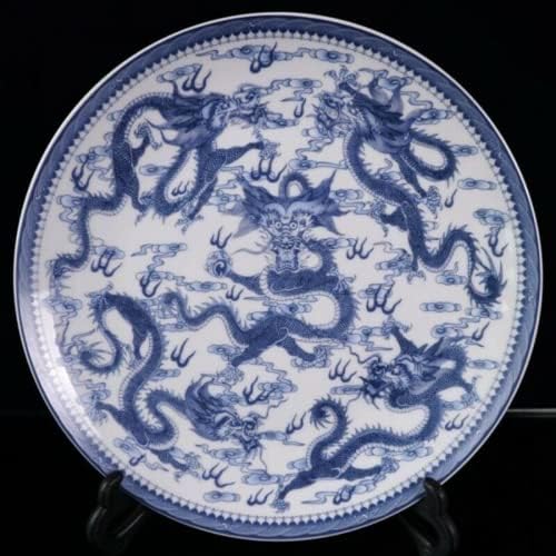 10 Eski Çin Mavi ve Beyaz Porselen El Boyalı Ejderha Desen Plaka Dekor