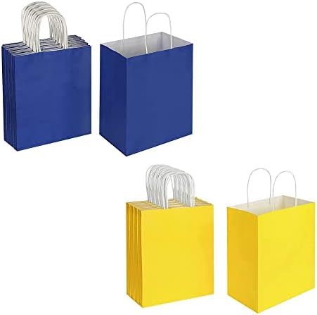 Her 50 Paket Orta Mavi ve Sarı Kraft Kağıt Hediyelik Çanta Kulplu Toplu