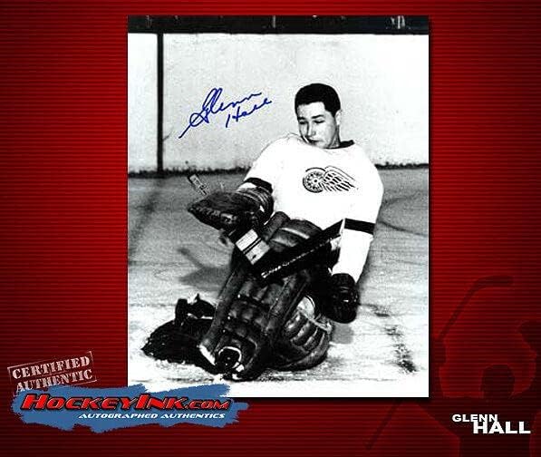 Glenn Hall imzalı Kırmızı Kanatlar 8X10 Fotoğraf -70145-İmzalı NHL Fotoğrafları