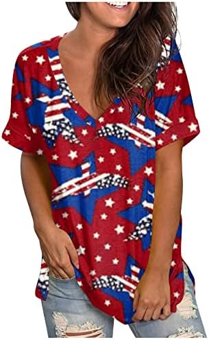 ZEFOTİM 4th Temmuz Gömlek Kadın 2023 Kısa Kollu V Boyun Yaz Moda Rahat Amerikan Bayrağı Bluzlar Tops