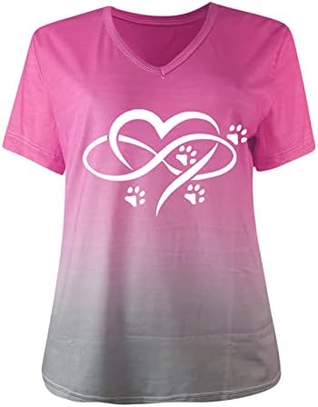 Bayan Üstleri Renk Blok T-Shirt Kısa Kollu V Boyun Aşk Kalp Köpek Pençe Baskı Bluzlar Sevimli Köpek Lover Tunik
