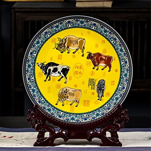 CZDYUF Seramik Çin Tarzı Dekorasyon Plaka 35 cm Asılı Plaka Oturma Plaka El Sanatları Beş Sığır Desen Plaka