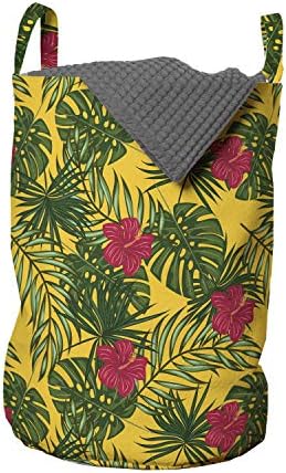 Ambesonne Tropikal Çamaşır Torbası, Egzotik Monstera Yaprakları ve Ebegümeci Çiçekleri Hawaii Yeşillik Deseni, Çamaşırhaneler