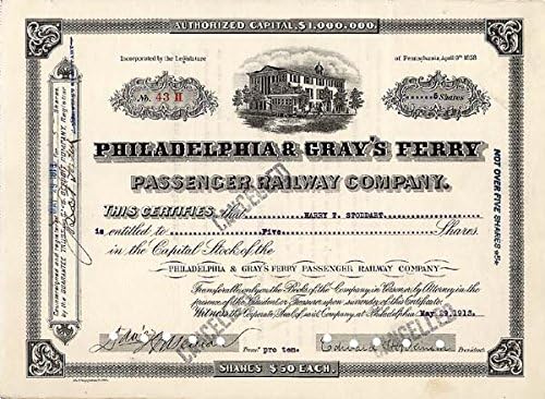 Philadelphia ve Gray's Ferry Yolcu Demiryolu A. Ş. - Stok Sertifikası