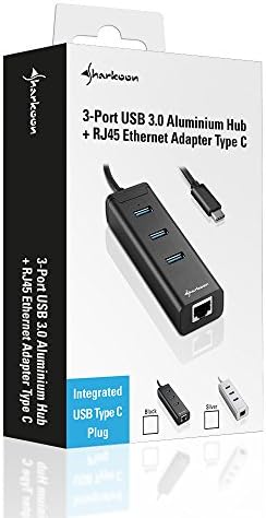Sharkoon 3 Portlu Alüminyum Hub, RJ45 Ethernet Adaptörlü USB 3.0 Tip C Siyah