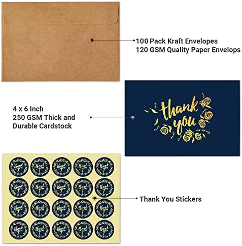 100 Teşekkür Kartı Toplu: Lacivert ve Altın Tasarımlar Teşekkür Notları Kendinden Yapışkanlı Zarflar ve Çıkartmalarla