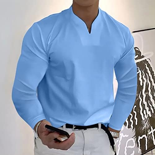 Erkek V Boyun Henley Gömlek Uzun Kollu, Bahar Kas Slim Fit İş günlük t-shirt Hafif Yakasız Üstleri