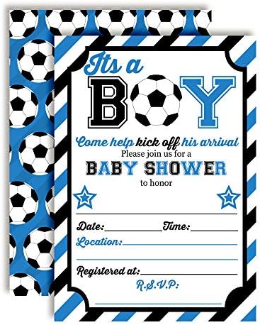 Mavi ve Siyah Gelişini Başlat Futbol Temalı Bebek Serpme Erkek Çocuklar için Bebek Duşu Davetiyeleri, 20 5x 7 Kartları