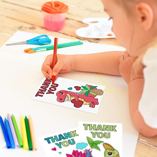 AnyDesign 36 Paket Dinozor Boyama Teşekkür Kartları Zarflar ile Çıkartmalar DIY Kendi Kartları Renk Doğum Günü Bebek