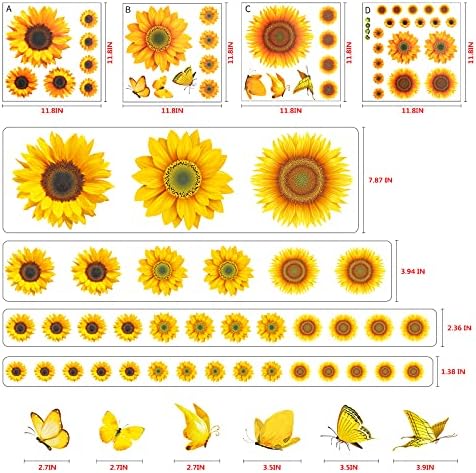 3D Kelebek ile Rotumaty Ayçiçeği Duvar Çıkartmaları, 42 ADET Çıkarılabilir Sarı Çiçek Duvar Çıkartmaları Ayçiçeği