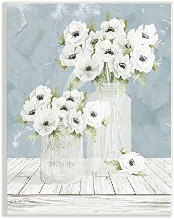 Stupell Industries Beyaz Gelincikler Çiçek Buketleri Kır Kavanozları Yumuşak Mavi, Cindy Jacobs tarafından Tasarlandı