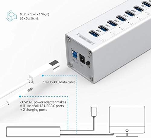 SXDS Alüminyum 13 Port Çoklu USB3. 0 HUB Splitter ile 12 V/5A Bağımsız Güç Kaynağı 2 Şarj portu