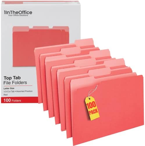 1İnTheOffice Kırmızı Dosya Klasörleri, 1/3 Kesimli Sekmeler: Çeşitli, Harf Boyutu, 11 punto Stok, Kırmızı, 100 Paket