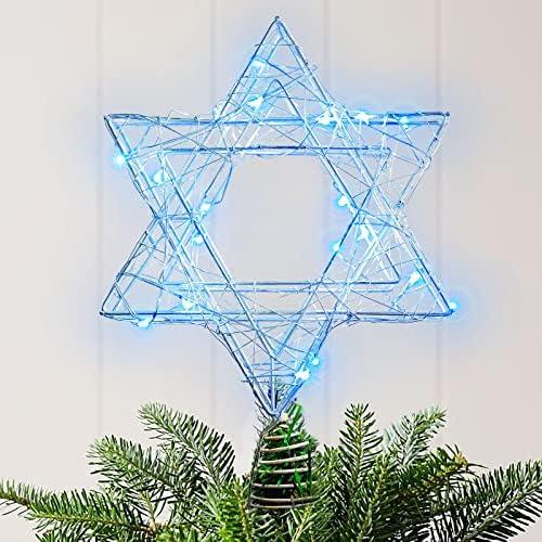 Immeiscent Noel Heksagram ağacı Topper, 7 Yıldız David Metal ağacı Topper ile 20 LEDs mavi ışıklar, pil Powered ile